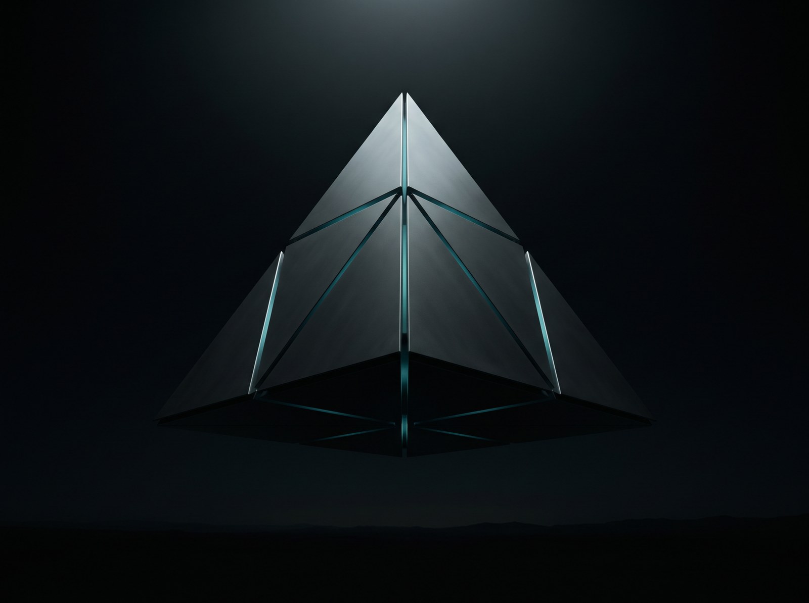 A single precision-machined geometric form, echoing the Acolytic triangle mark, glowing from within with teal light while suspended in a dark, self-contained void